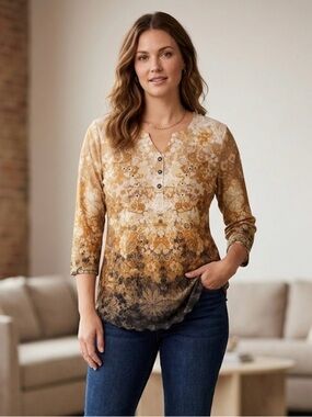 CHRISTOPHER & BANKS Floral Studded Embellishments, Women’s M, Brown Tan Cream